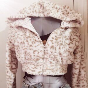 Soft fluffy leopard cream white hoodie
